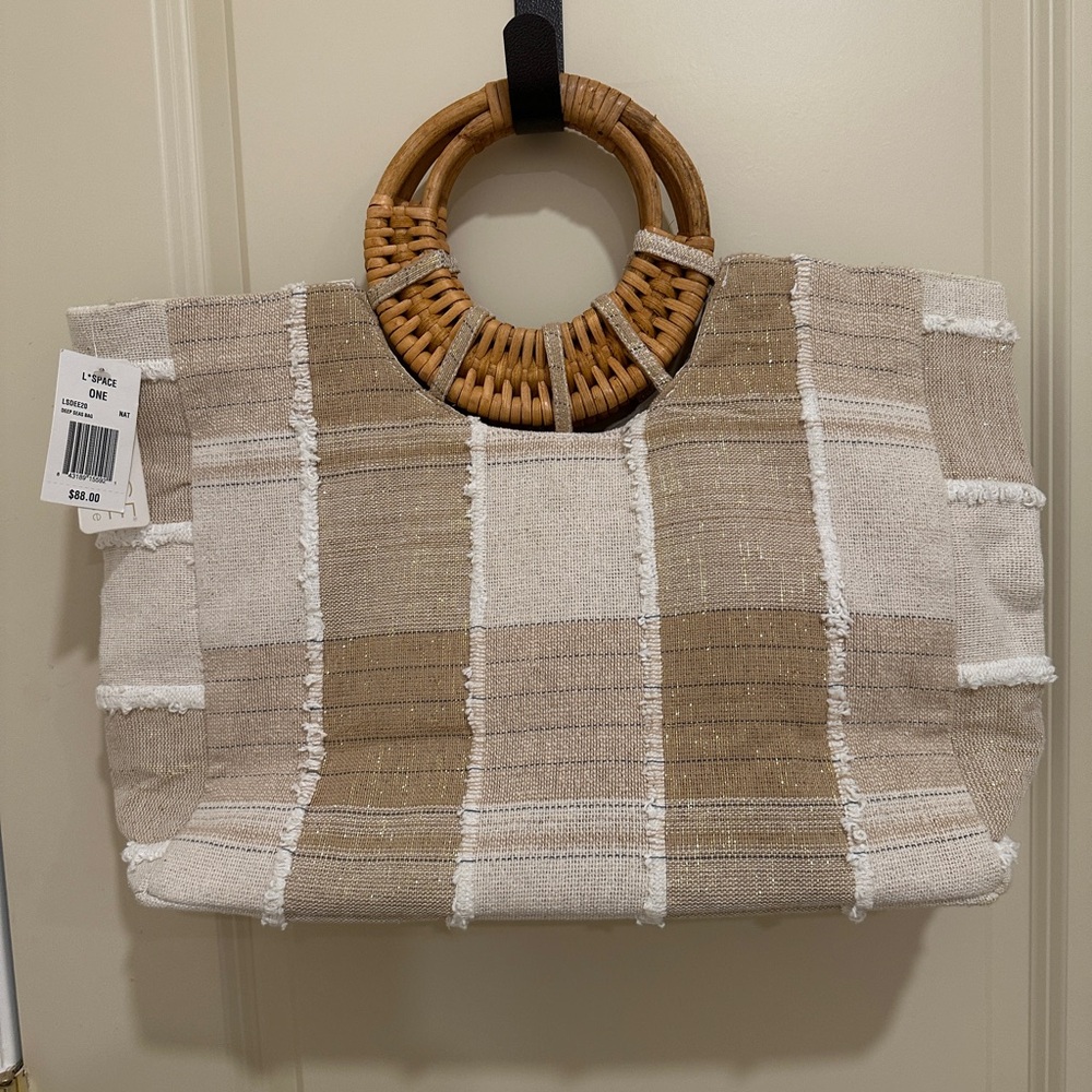 NEW w/TAGS L*Space Deep Seas Tan and White Beach Tote Bag with Bamboo Handle - Picture 8 of 9